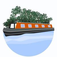 bewerkbare drie kwartier schuin visie versmallen boot Aan golvend blauw water in cirkel kader vector illustratie met struik boom voor vervoer of recreatie van Verenigde koninkrijk of Europa verwant ontwerp