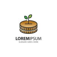 gouden geld toenemen investering logo ontwerp gecombineerd munt fabriek blad spruit vector icoon illustratie