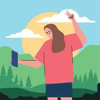 vrouw nemen een selfie in landschap vector