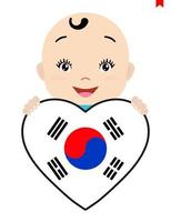 glimlachen gezicht van een kind, een baby en een zuiden Korea vlag in de vorm van een hart. symbool van patriottisme, onafhankelijkheid, reis, embleem van liefde. vector