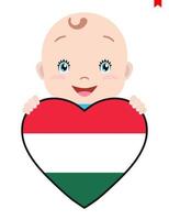 glimlachen gezicht van een kind, een baby en een Hongarije vlag in de vorm van een hart. symbool van patriottisme, onafhankelijkheid, reis, embleem van liefde. vector