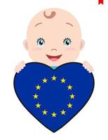 glimlachen gezicht van een kind, een baby en een Europese unie vlag in de vorm van een hart. symbool van patriottisme, onafhankelijkheid, reis, embleem van liefde. vector