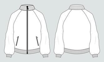 lang mouw met rits en zak- jasje sweater algemeen technisch mode vlak schetsen vector illustratie sjabloon voorkant en terug visie. kleding trui jasje vlak tekening vector bespotten omhoog cad.