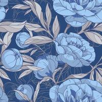 blauw en grijs pioenrozen, bloemen naadloos vector patroon. bloemen Aan een donker blauw achtergrond. winter Russisch stijl, gzhel