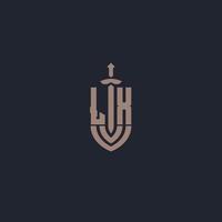 lx logo monogram met zwaard en schild stijl ontwerp sjabloon vector