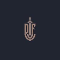 df logo monogram met zwaard en schild stijl ontwerp sjabloon vector