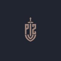 pz logo monogram met zwaard en schild stijl ontwerp sjabloon vector