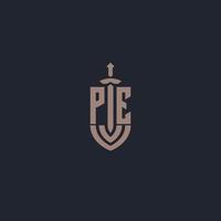 pe logo monogram met zwaard en schild stijl ontwerp sjabloon vector