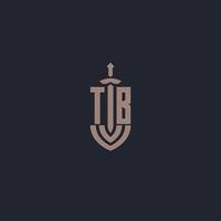 tb logo monogram met zwaard en schild stijl ontwerp sjabloon vector