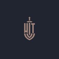 wt logo monogram met zwaard en schild stijl ontwerp sjabloon vector