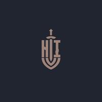 Hoi logo monogram met zwaard en schild stijl ontwerp sjabloon vector