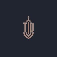 td logo monogram met zwaard en schild stijl ontwerp sjabloon vector
