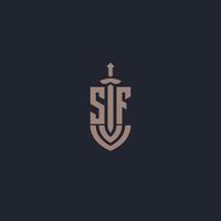 sf logo monogram met zwaard en schild stijl ontwerp sjabloon vector