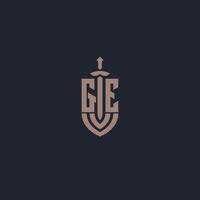 ge logo monogram met zwaard en schild stijl ontwerp sjabloon vector