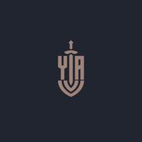 ja logo monogram met zwaard en schild stijl ontwerp sjabloon vector