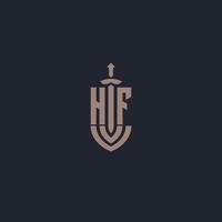 hf logo monogram met zwaard en schild stijl ontwerp sjabloon vector