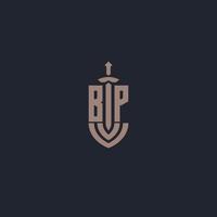 bp logo monogram met zwaard en schild stijl ontwerp sjabloon vector