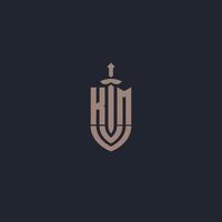 km logo monogram met zwaard en schild stijl ontwerp sjabloon vector
