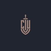 cu logo monogram met zwaard en schild stijl ontwerp sjabloon vector