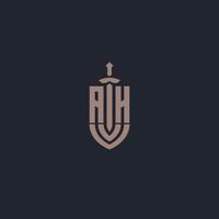 Ah logo monogram met zwaard en schild stijl ontwerp sjabloon vector