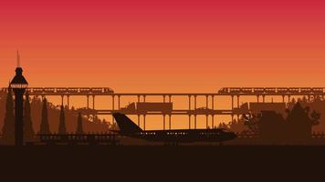 silhouet van vliegtuig, vrachtwagen, en trein vervoer Aan oranje helling achtergrond vector