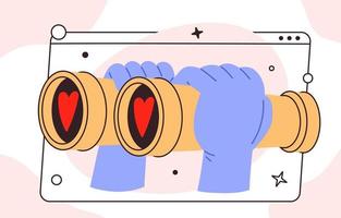 handen Holding verrekijker. concept van zoeken liefde in internetten. ogen met rood harten vol van liefde. vergadering website. vlak vector illustratie
