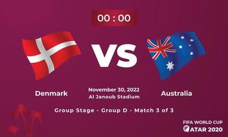 Denemarken vs Australië Amerikaans voetbal wedstrijdsjabloon, fifa wereld kop in qatar 2022 vector