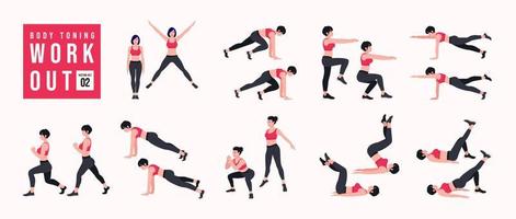 lichaam toning training set. Dames aan het doen geschiktheid en yoga opdrachten. uitvalt, Opdrukken, hurken, halter rijen, burpees, kant planken, sit ups, bilspieren brug, been salarisverhoging, Russisch twist, kant knarsen .enz vector