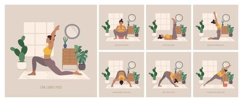 yoga poses set. jong vrouw beoefenen yoga houding. vrouw training fitheid, aëroob en opdrachten. boho stijl vector illustratie.