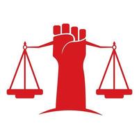 gerechtigheid balans in hand- logo sjabloon ontwerp. revolutie gerechtigheid logo concept. vector
