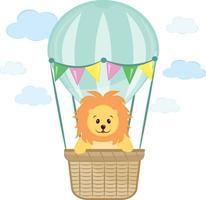 een weinig leeuw welp is vliegend in een heet lucht ballon. afbeelding voor een kinderkamer, ansichtkaart, poster. kan worden gebruikt voor kinderen partij uitnodiging, afdrukken Aan kleren. vector