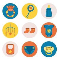 moederschap sociaal media hoogtepunt verhalen Hoes met accessoires voor pasgeboren baby zorg. schattig baby bodysuits, tepel, tandjes krijgen speelgoed, rammelaar, fopspeen. ronde sticker. pictogrammen reeks voor moeder blogger. vector