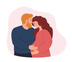 een paar van mannen en Dames, toekomst ouders ervan uitgaand een kind. zwanger vrouw en man knuffel. de concept van familie, liefde, moederschap. vector grafiek.