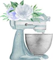 waterverf blauw gebakje planetair menger met bloemen en groen. bakkerij illustratie voor uitnodiging, gebakje, menu, logo vector