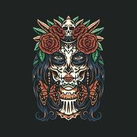 dag van de dood, dia de los muertos. meisje met bedenken - suiker schedel met roos bloemen, hand- getrokken lijn stijl met digitaal kleur, vector illustratie