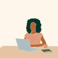 zwart vrouw werken Aan laptop computer. vrouw kantoor arbeider aan het doen online ver weg werk. vrouw werken van huis of kantoor. freelance, online onderwijs concept. vector illustratie geïsoleerd Aan wit