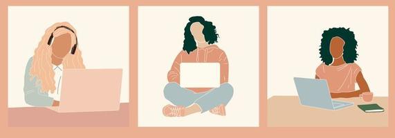 hand- getrokken vector set. plein geïsoleerd illustraties Dames werken Aan laptop computer. vrouw kantoor arbeider aan het doen online ver weg werk. vrouw werken van huis of kantoor.