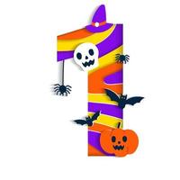 gelukkig halloween 1 een cijfer numeriek partij doopvont karakter tekenfilm spookachtig verschrikking met kleurrijk 3d laag papier uitknippen type ontwerp viering vector illustratie schedel pompoen knuppel heks hoed spin web