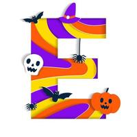 gelukkig halloween e alfabet partij doopvont typografie karakter tekenfilm spookachtig verschrikking met kleurrijk 3d laag papier uitknippen type ontwerp viering vector illustratie schedel pompoen knuppel heks hoed spin web