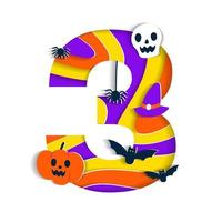 gelukkig halloween 3 drie cijfer numeriek partij doopvont karakter tekenfilm spookachtig verschrikking kleurrijk 3d laag papier uitknippen type ontwerp viering vector illustratie schedel pompoen knuppel heks hoed spin web