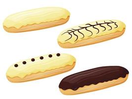 Frans eclair met vla en chocola. smakelijk nagerecht. vector