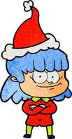getextureerde tekenfilm van een glimlachen vrouw vervelend de kerstman hoed vector