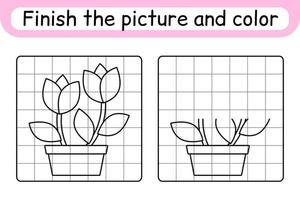 compleet de afbeelding bloem tulp. kopiëren de afbeelding en kleur. af hebben de afbeelding. kleur boek. leerzaam tekening oefening spel voor kinderen vector