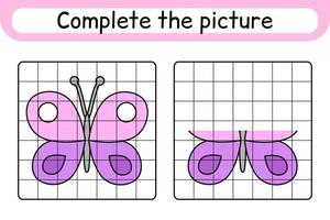 compleet de afbeelding vlinder. kopiëren de afbeelding en kleur. af hebben de afbeelding. kleur boek. leerzaam tekening oefening spel voor kinderen vector