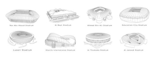 reeks van lijn kunst ontwerpen voor de qatar 2022 wereld kop stadion. reeks voor de Amerikaans voetbal arena. Amerikaans voetbal stadion gebouw. wereld beker. vector