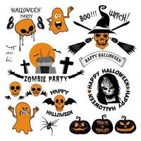 reeks van wijnoogst gelukkig halloween badges en etiketten. halloween plakboek set. linten, pictogrammen en andere elementen. vector illustratie