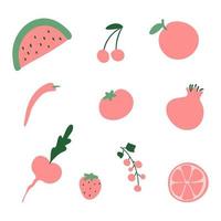 abstract gemakkelijk rood fruit en groenten set, vegetariër voedsel verzameling. vers tekening kinderen kers, appel rode biet bessen watermeloen tomaat granaatappel chili gezond menu patroon vector illustratie