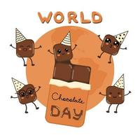 schattig kawaii stukken van chocola tekens vieren wereld chocola dag. chocola emoji kubussen in partij hoed gelukkig glimlachen en springen. vakantie van chocola concept kinderen banier vector illustratie