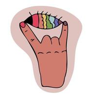 twee vingers omhoog gebaar. rock'n'roll of zwaar metaal hand- teken. hand- met regenboog kleur vis oog tussen vingers abstract magie hand. vector illustratie.
