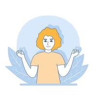 mentaal Gezondheid concept, vrouw in harmonie evenwicht, gepacificeerd gekalmeerd meisje in meditatie houding, kom tot rust zelf zorg positief en aanvaarding van onvermijdbaar, binnenste vrede vector illustratie Aan bladeren achtergrond